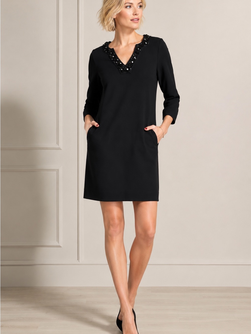 🖤MAKE OFFER🖤 kate spade Black Beaded V-Neck Shift Wool Blend Mod Dress Medium